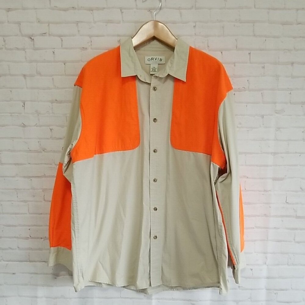 Orvis Casual Button Down Mens XXL Button Gray Orange Long Sleeve Hunting Shirt